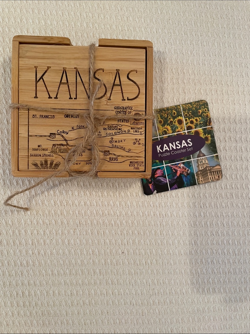 Kansas Wooden Puzzle Coaster Set - Natural Bamboo